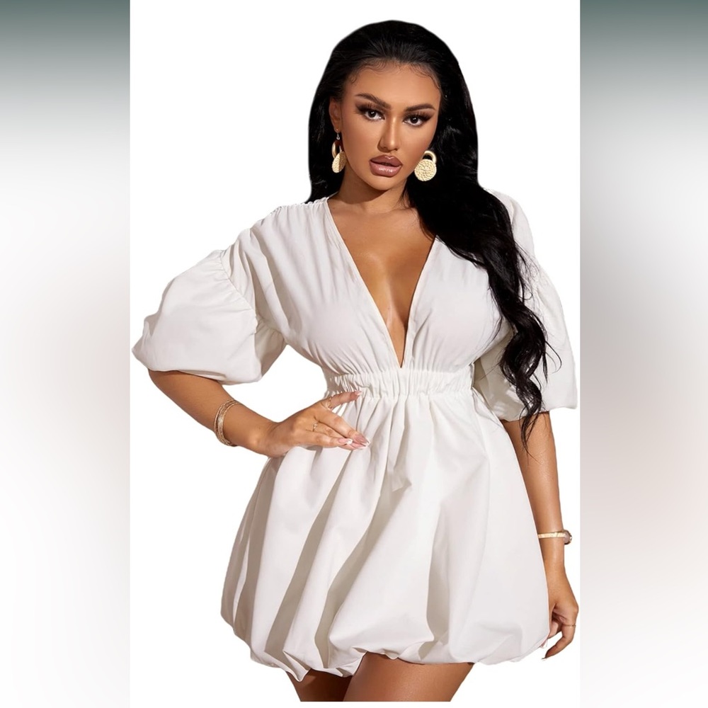 Deep V Neck Puff Sleeve High Rise Flare Dress Elastic Waist Dress